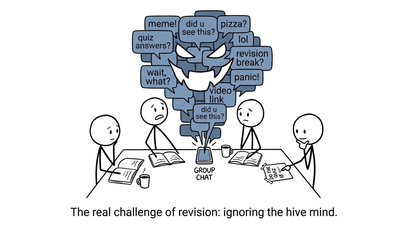 A study group escaping an enormous group-chat monster by following a simple quiz agenda