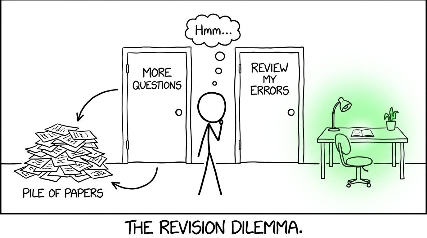 A student chooses error review instead of walking around another loop of untouched papers