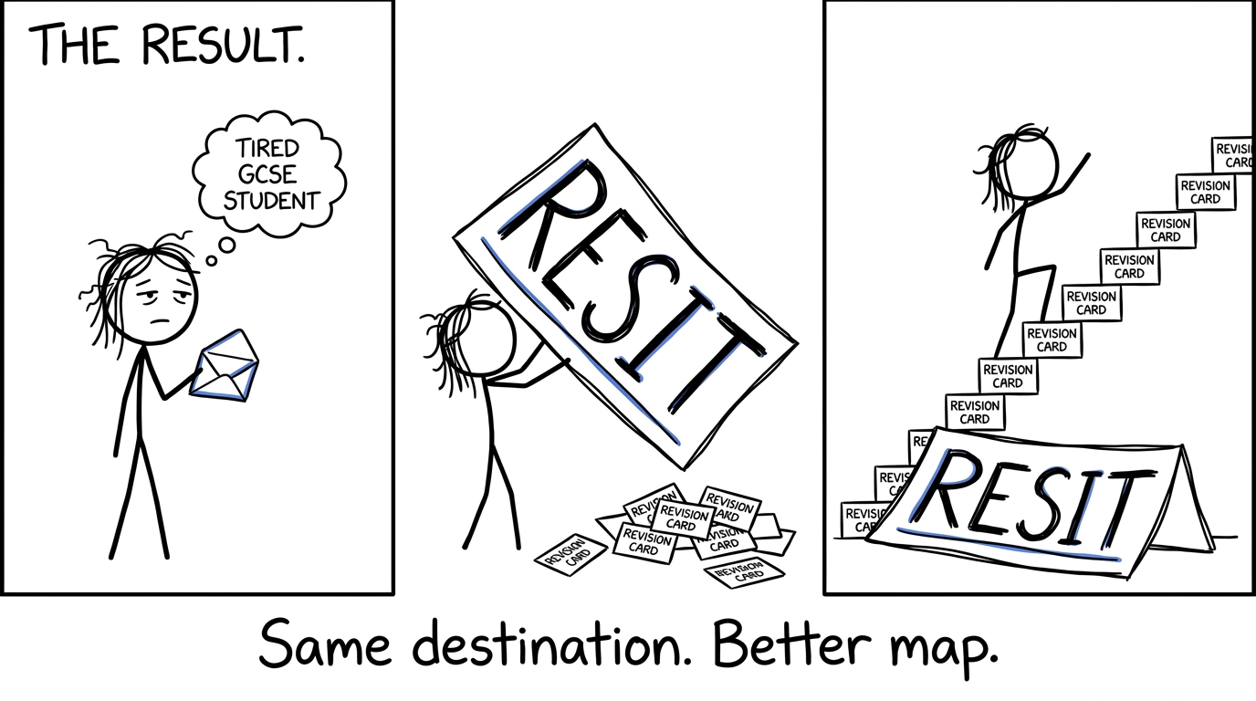 A student turns a resit sign into a practical revision staircase