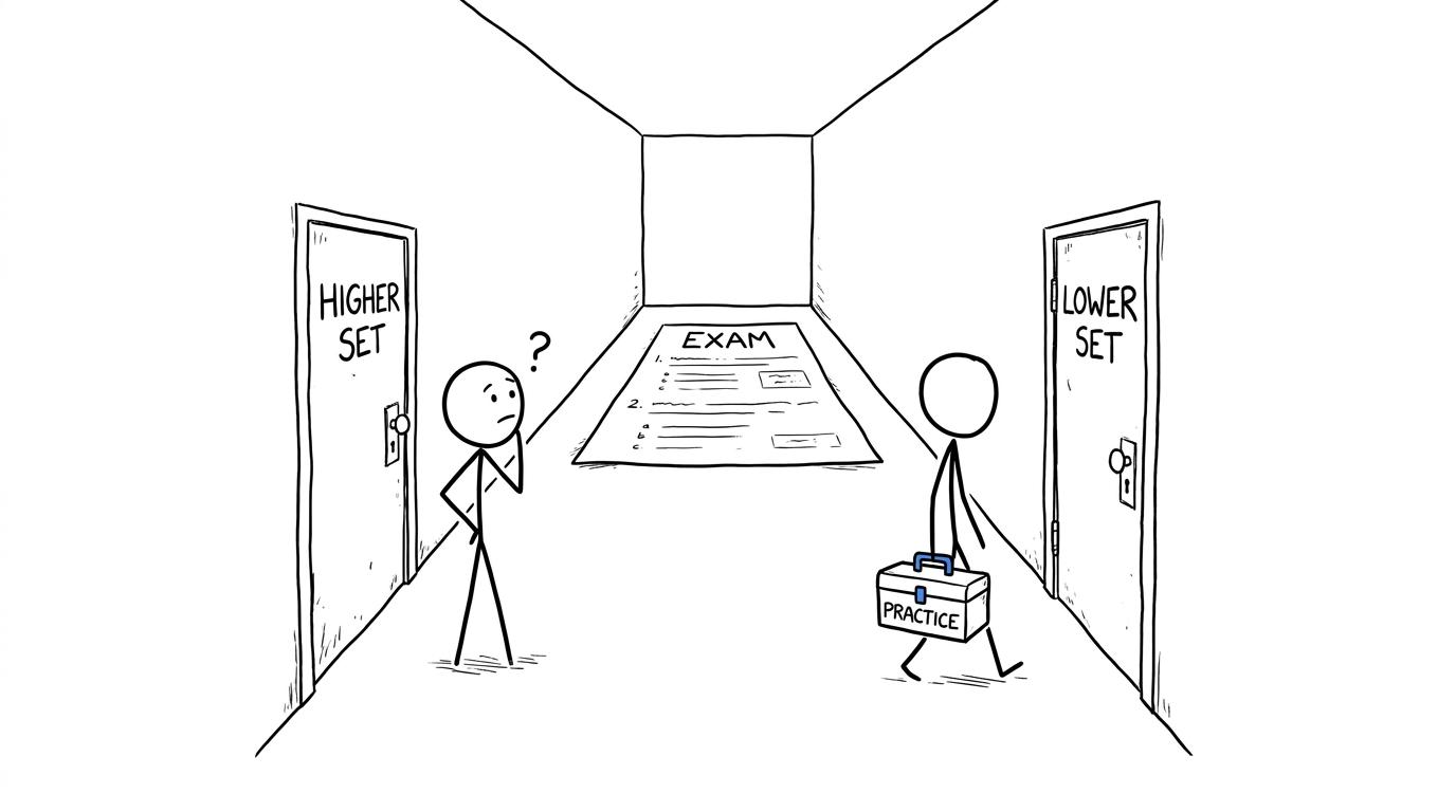 Two classroom doors lead towards the same examination while practice provides the useful tools