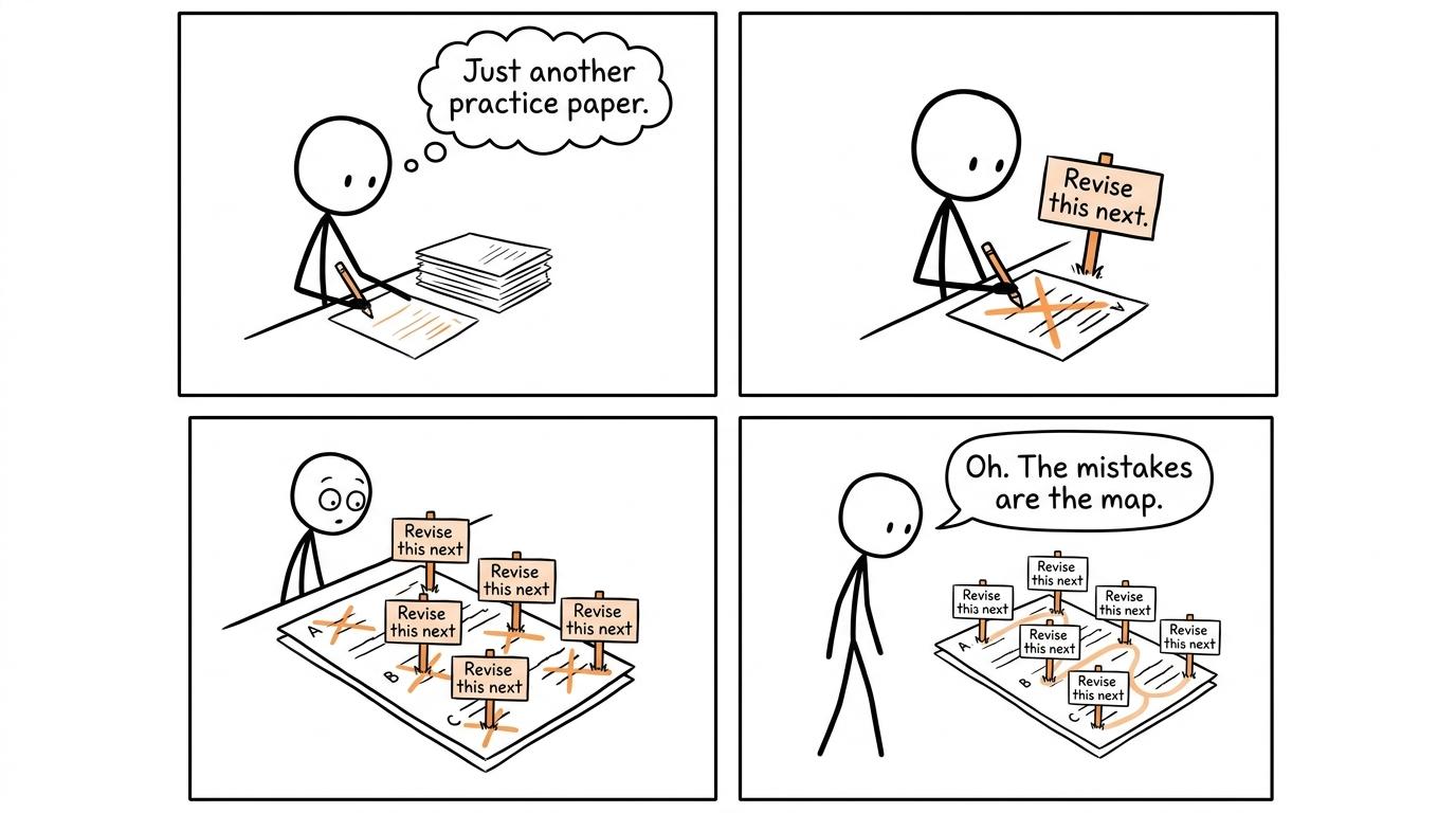 A student discovers that mistakes on a practice paper are signposts for the next revision task