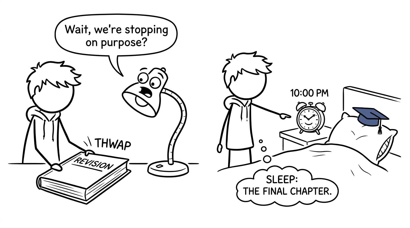 A surprised desk lamp discovers that bedtime is part of revision