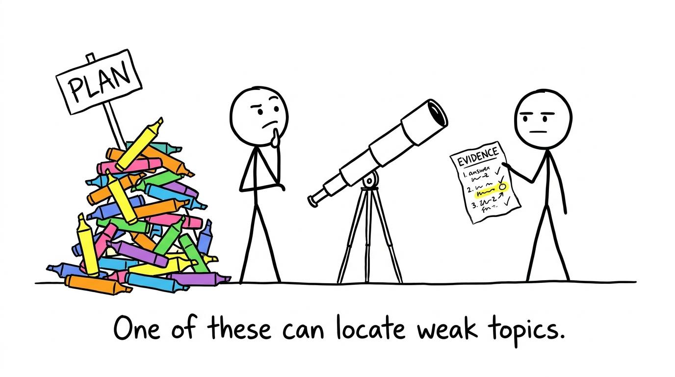 Two astronomers compare a giant pile of highlighters with one completed practice paper as evidence of weak topics