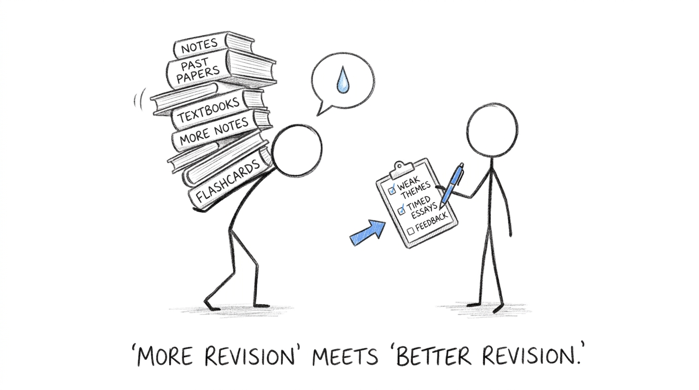 A large pile of revision books meets a smaller and more useful checklist