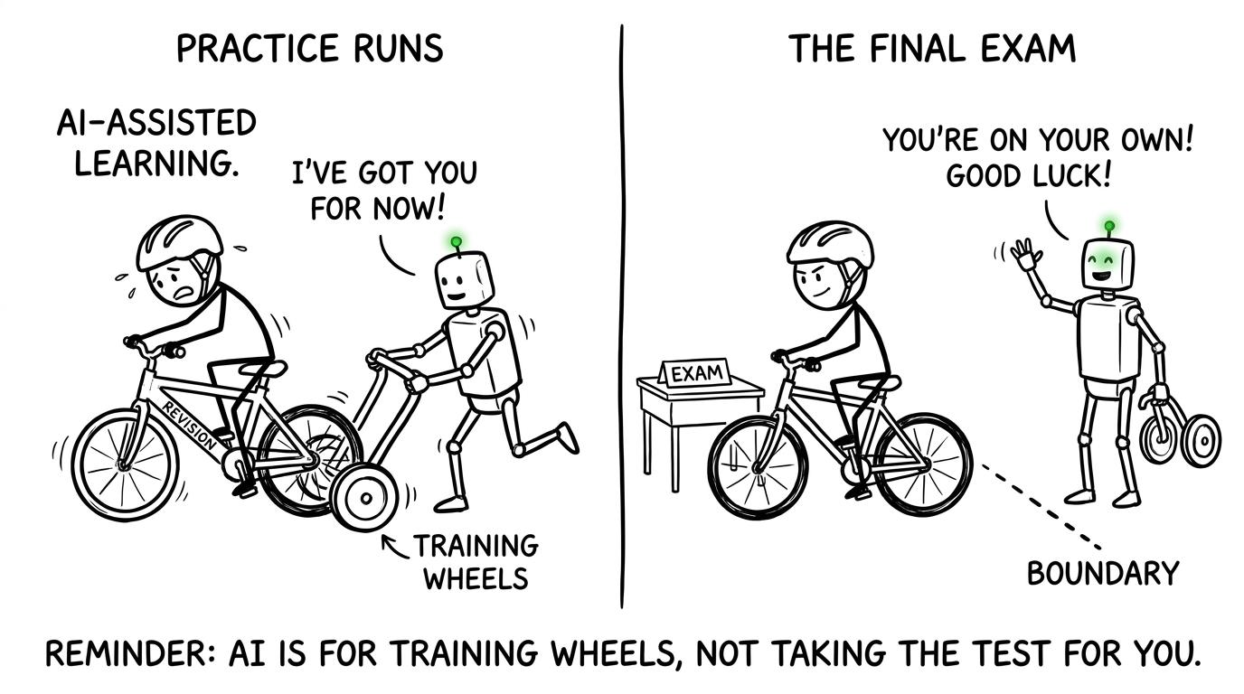 A robot removes revision training wheels as a student cycles independently towards an exam desk