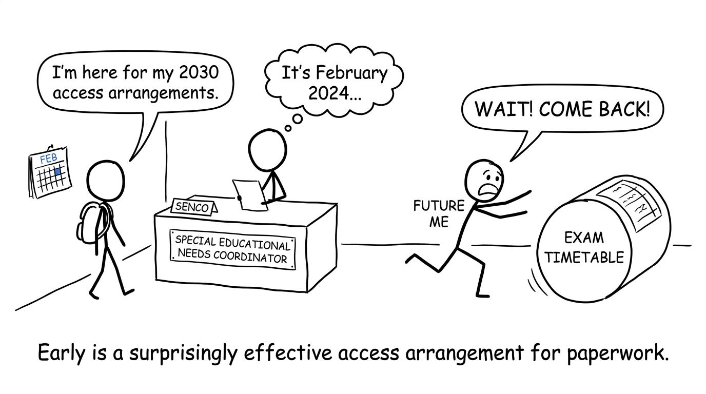 A student discovers that starting access-arrangement paperwork early is easier than chasing an exam timetable