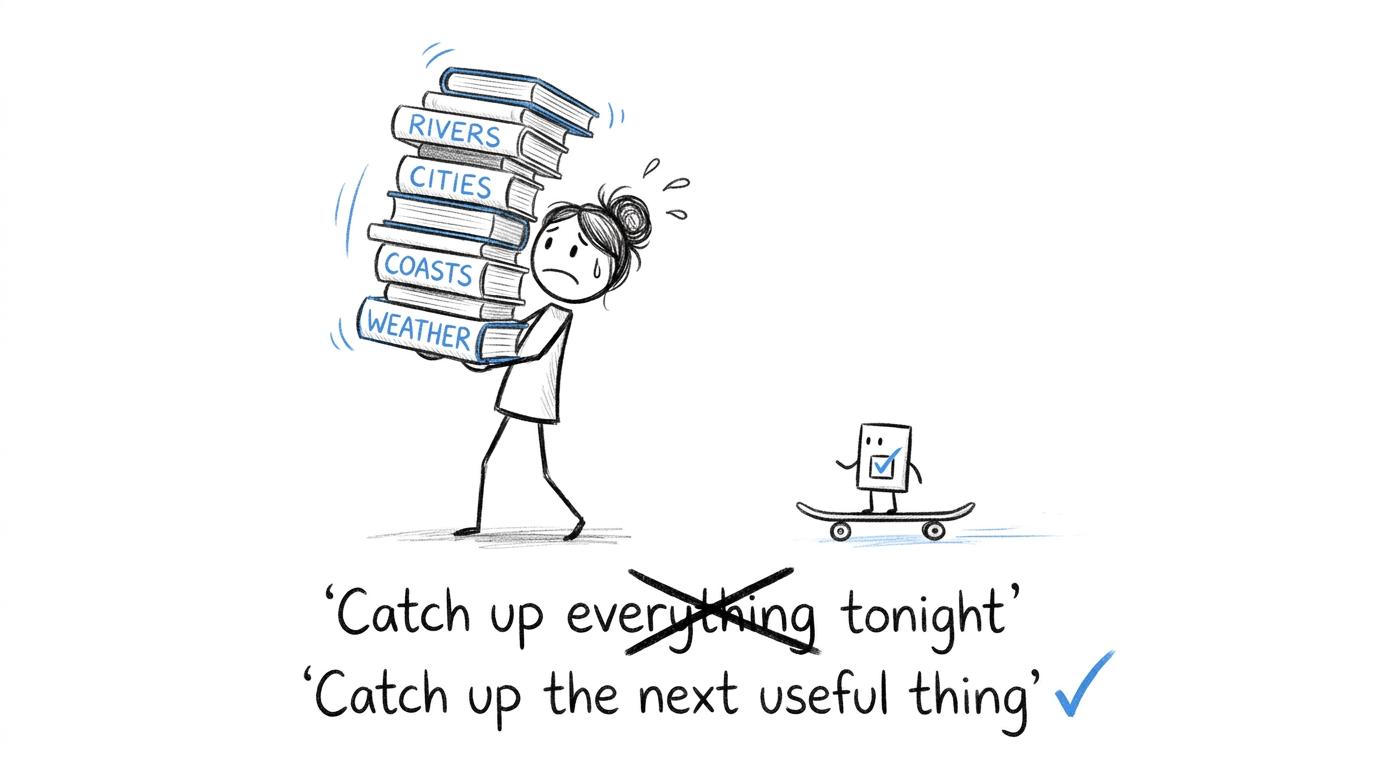 A huge tower of geography books loses a race to a calm, focused revision checklist