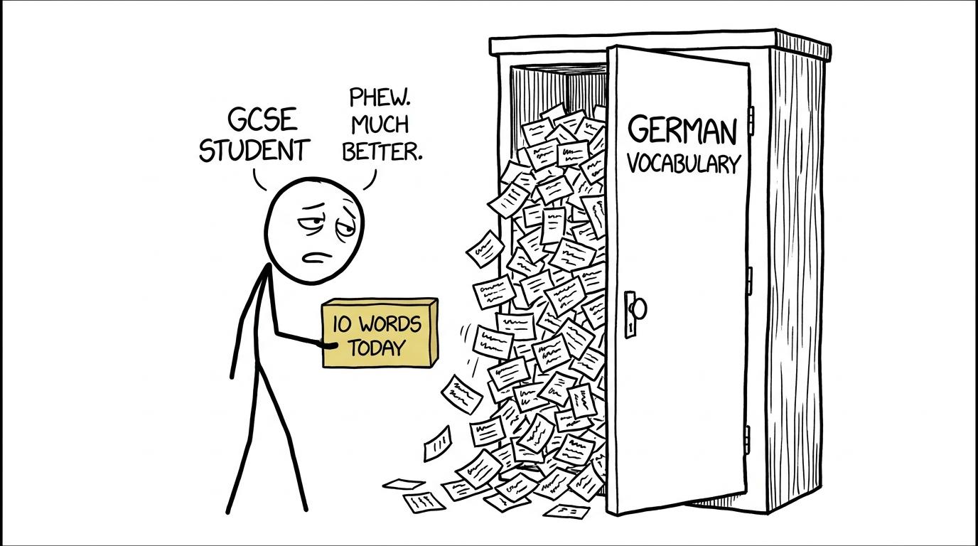 A student calmly tackles a cupboard overflowing with German vocabulary by choosing ten words for today