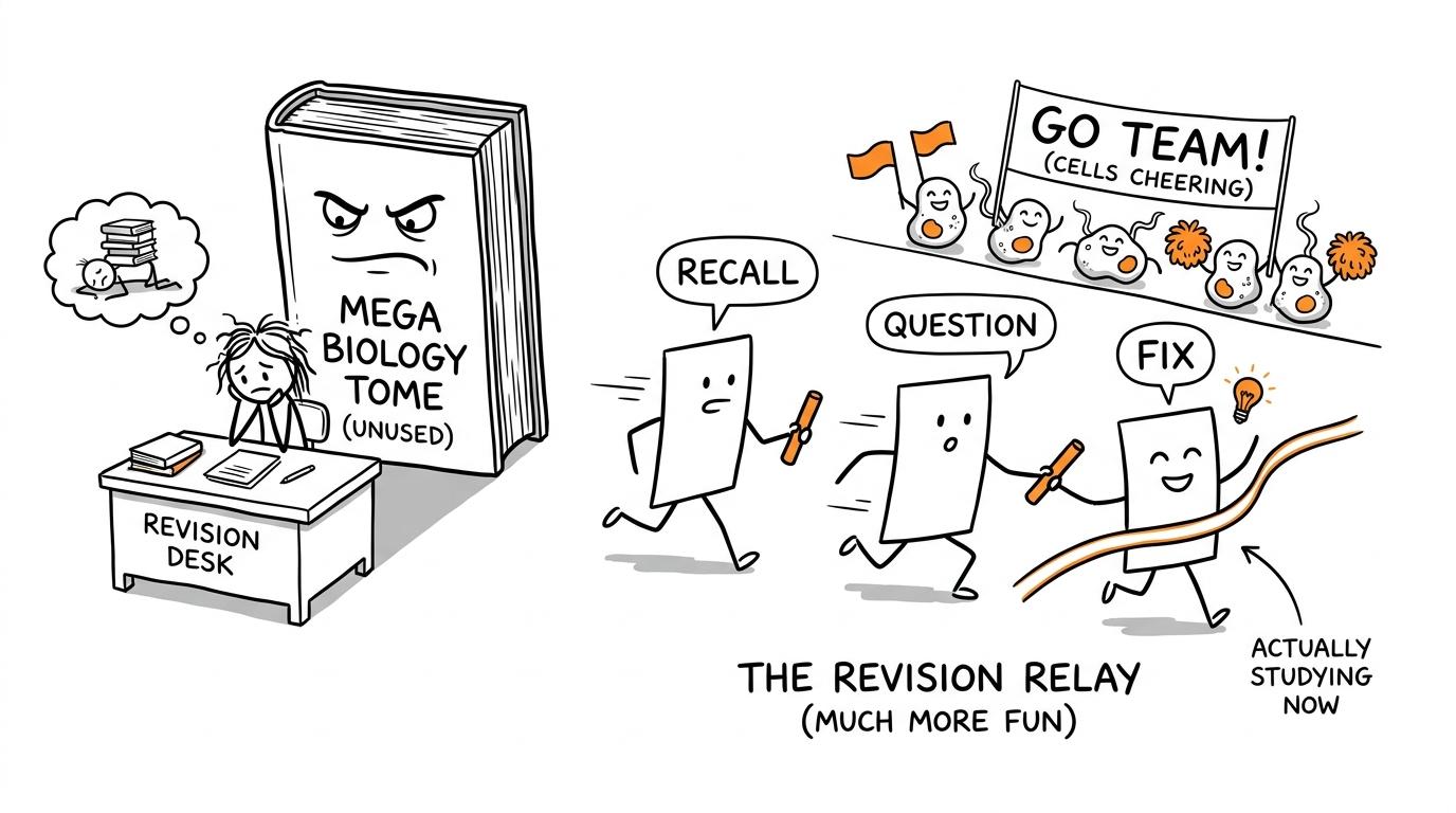 Recall, Question and Fix race past an unused textbook
