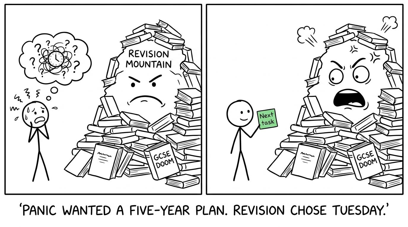 A nervous student chooses one manageable task from an enormous revision pile