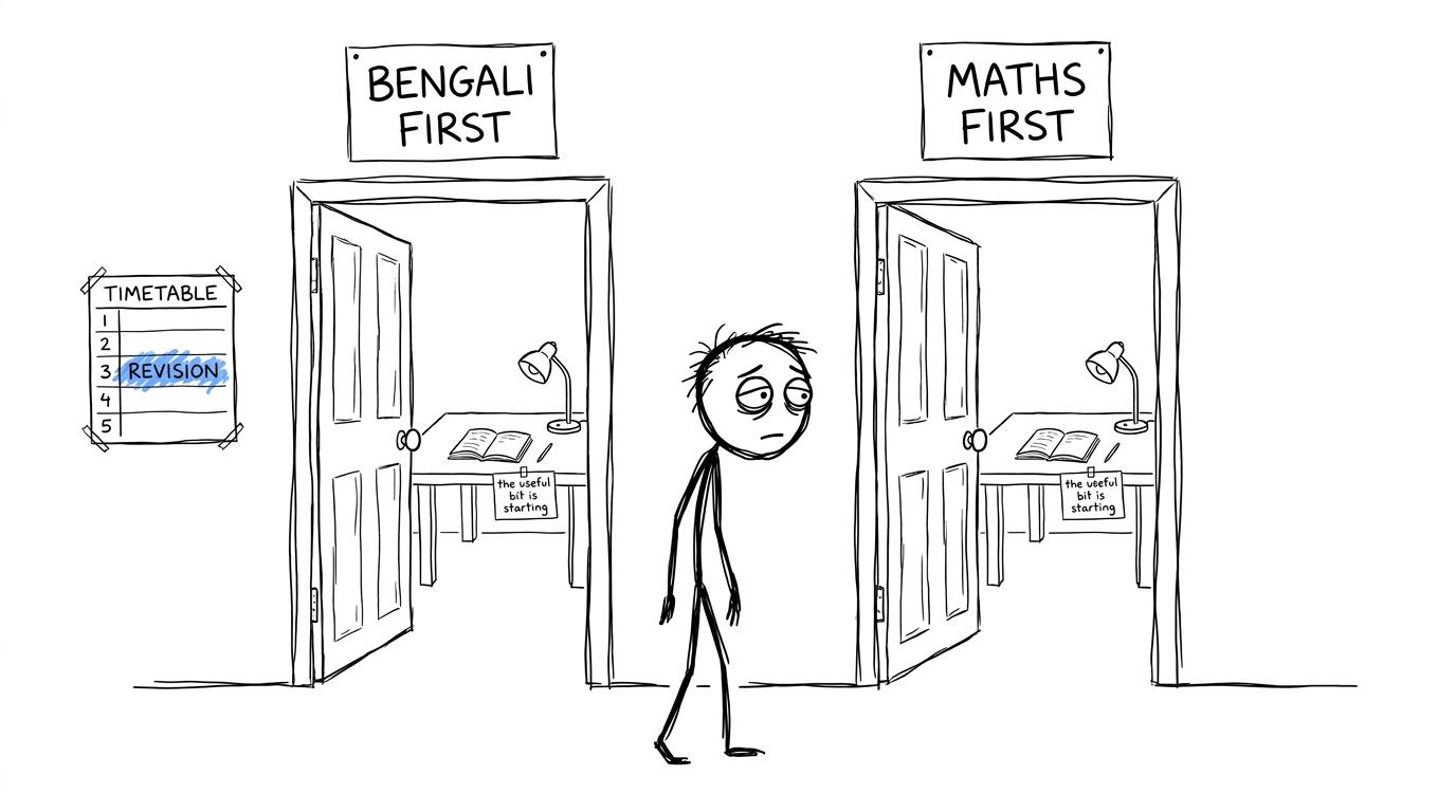 A GCSE student discovers that both revision-order doors lead to the same desk