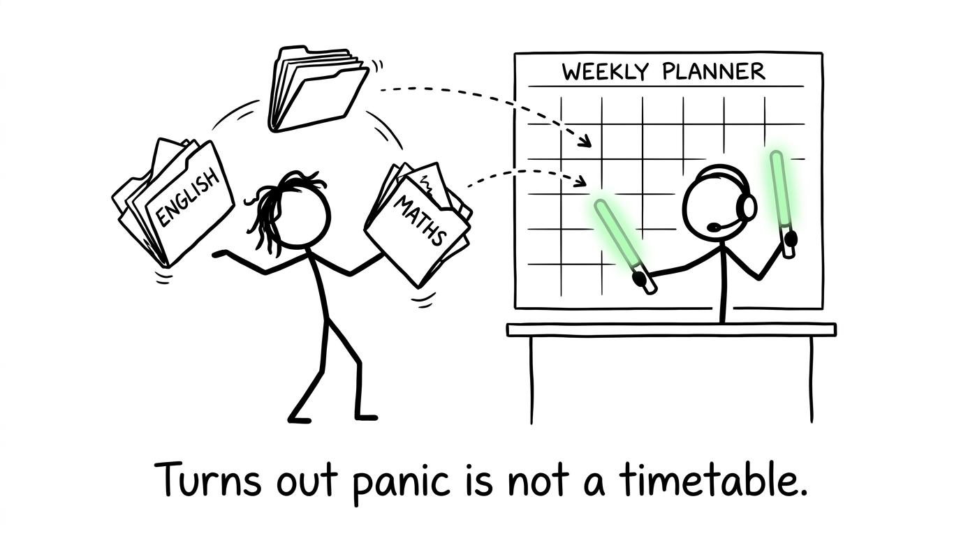 A weekly planner safely directs English and maths revision onto the same desk