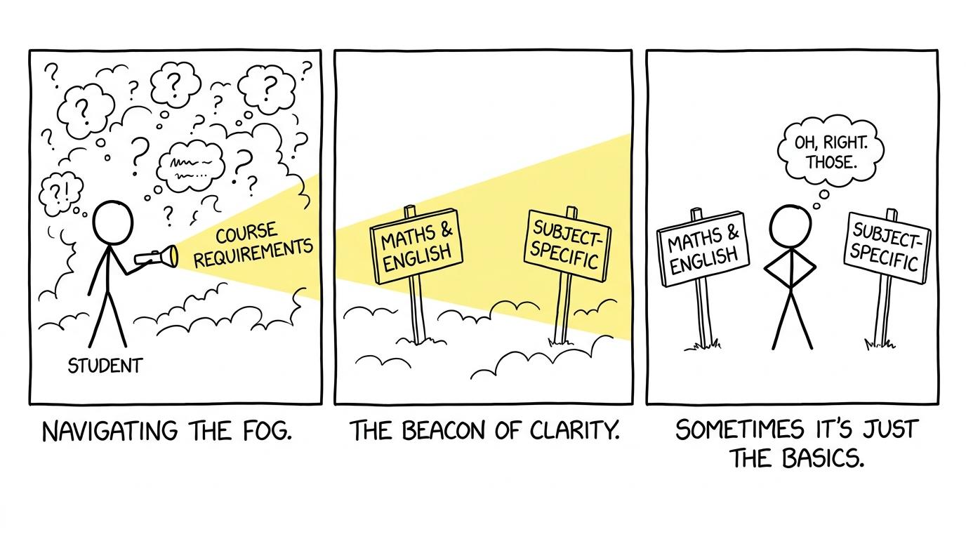 A student using a course-requirements torch to find clear signposts through a fog of anxious questions