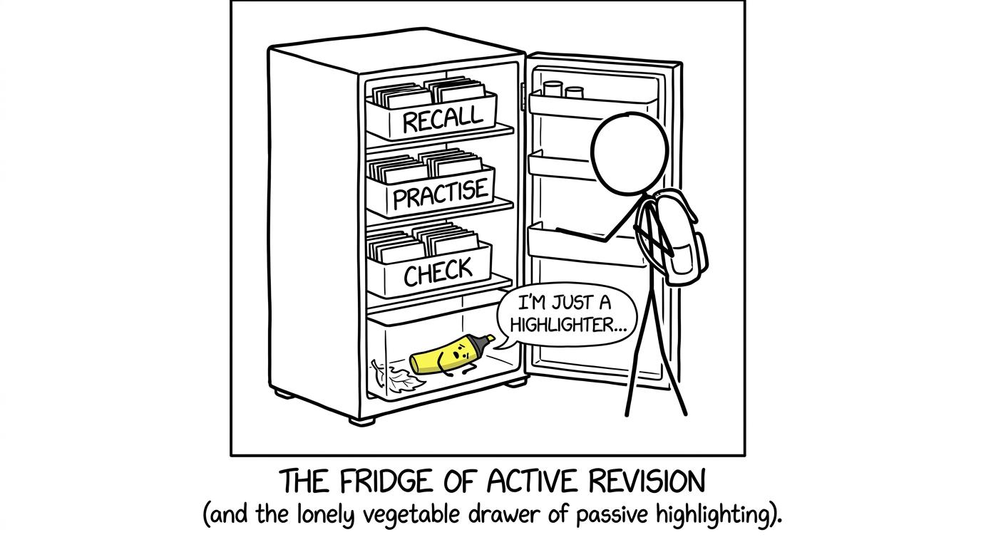 Revision flashcards wait in a fridge while a lonely highlighter hides below