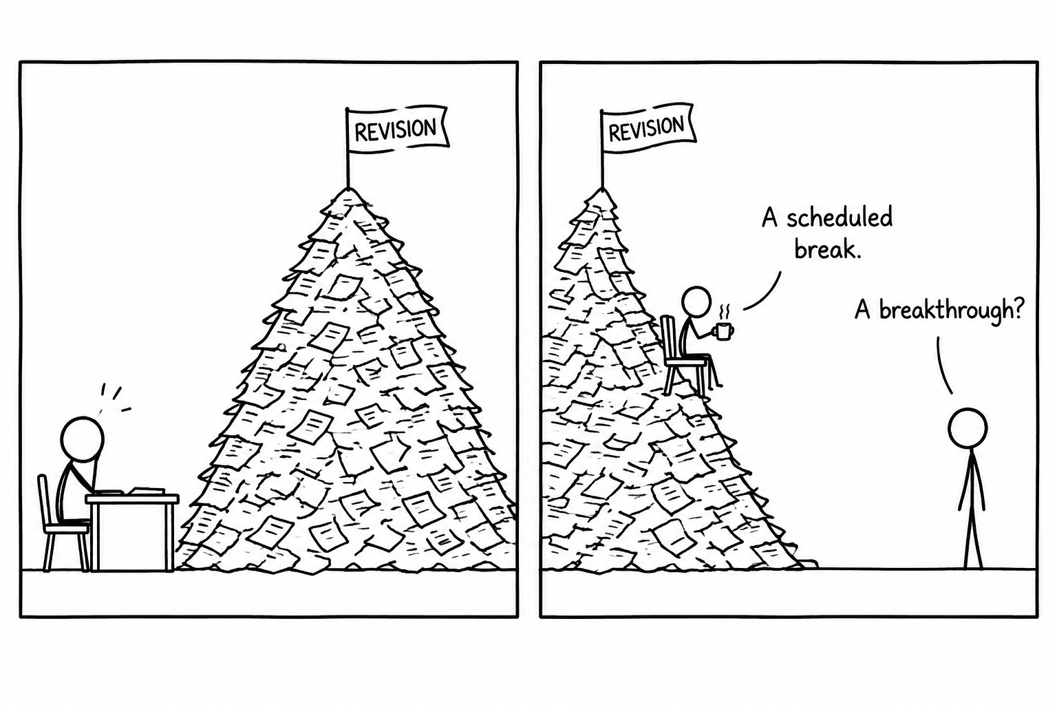 XKCD-style comic showing a GCSE student taking a scheduled break halfway up a revision mountain