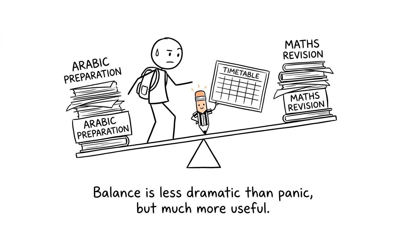 A student balancing Arabic preparation and maths revision on a seesaw while a pencil referees