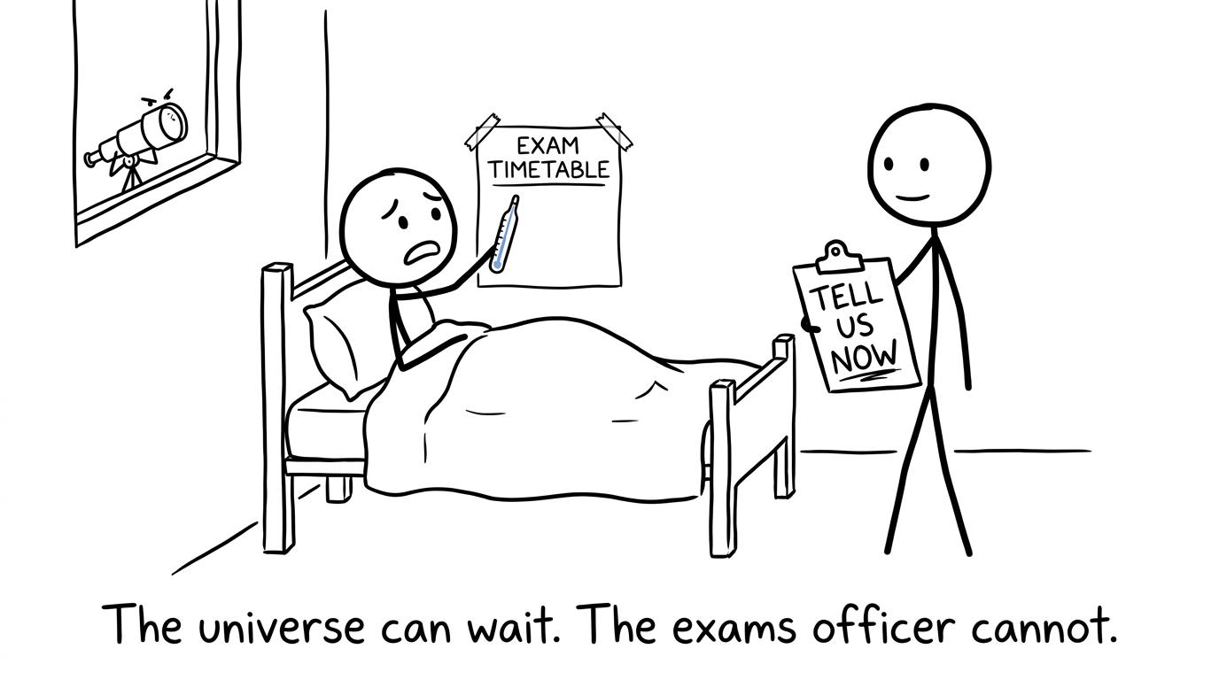 A student in bed tells the exams officer promptly about illness