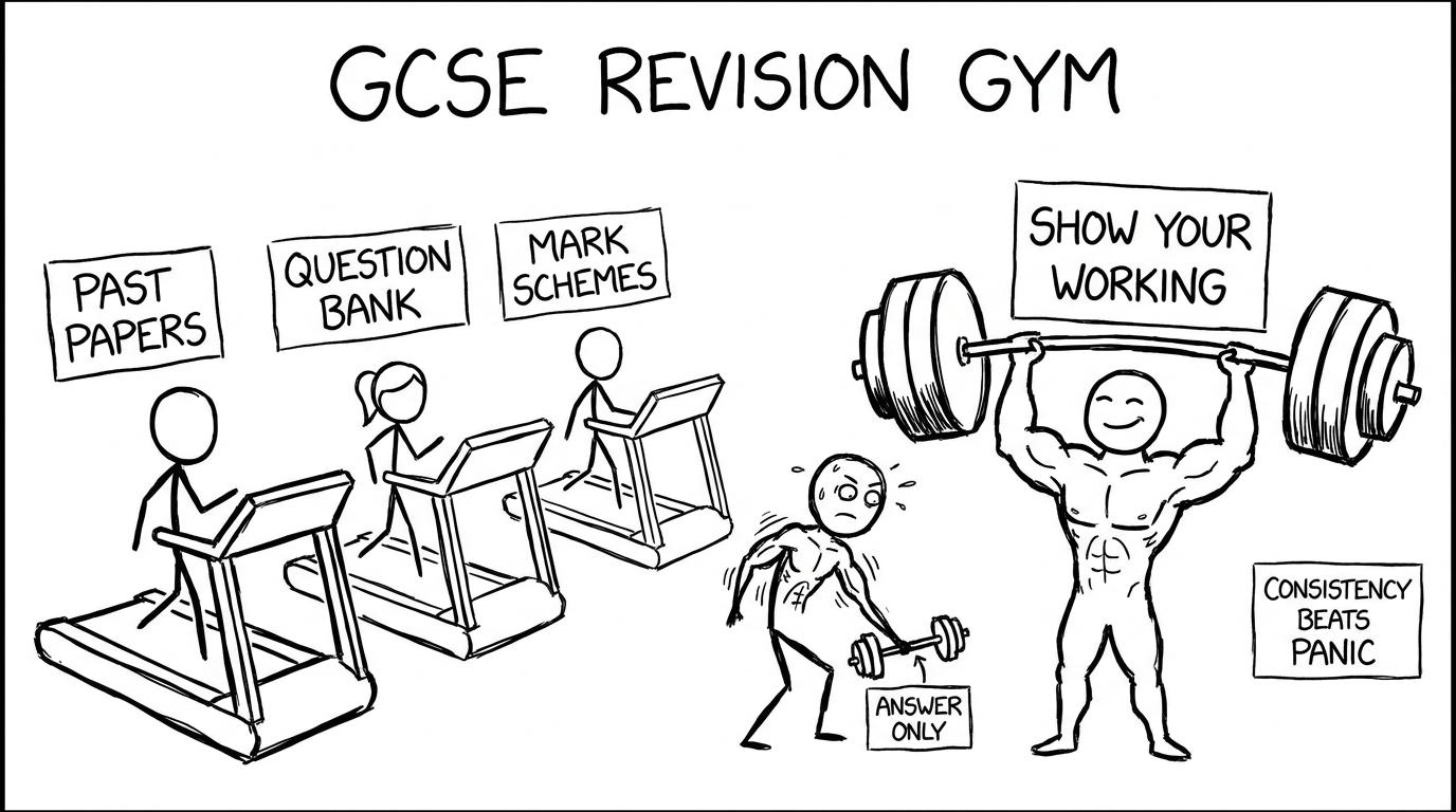 Revision gym parody with mark schemes as equipment