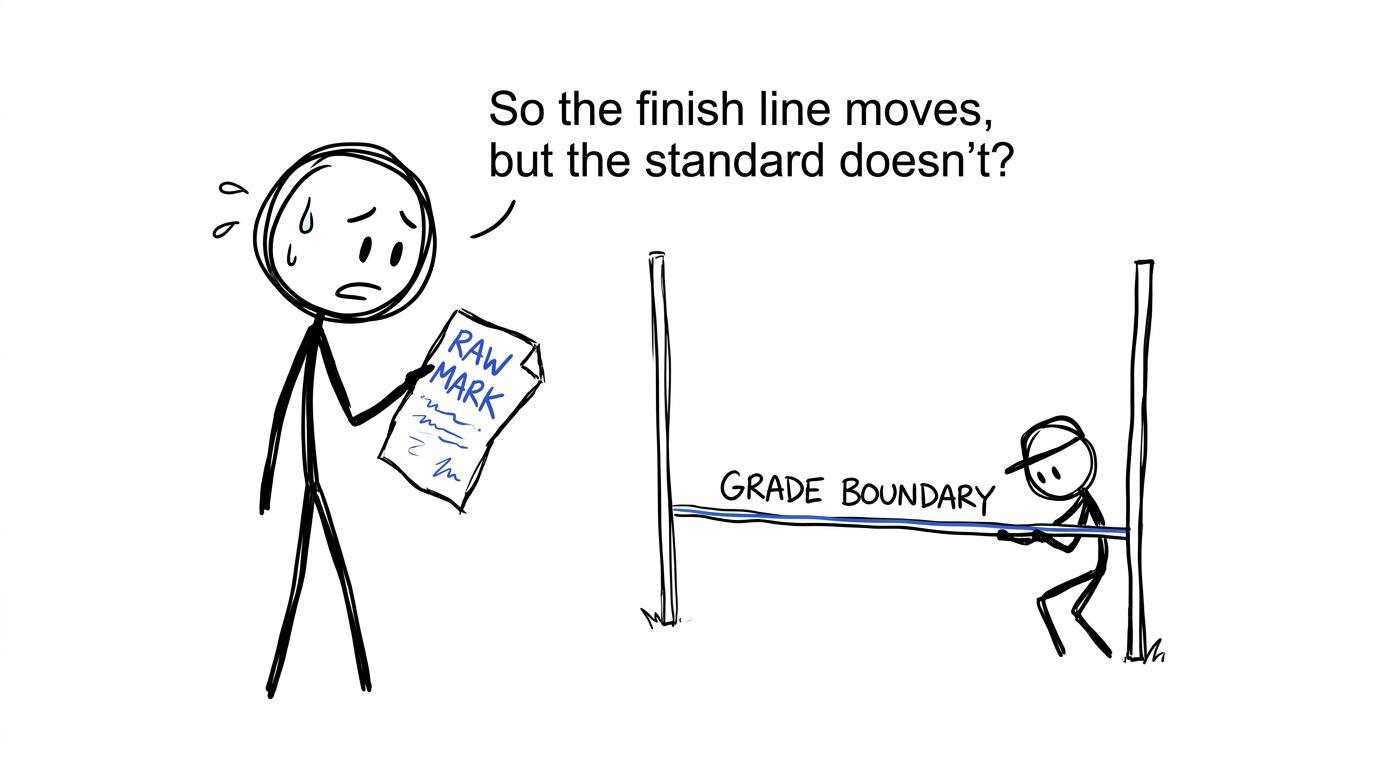 A student discovers that a grade boundary can move while the assessed standard remains steady