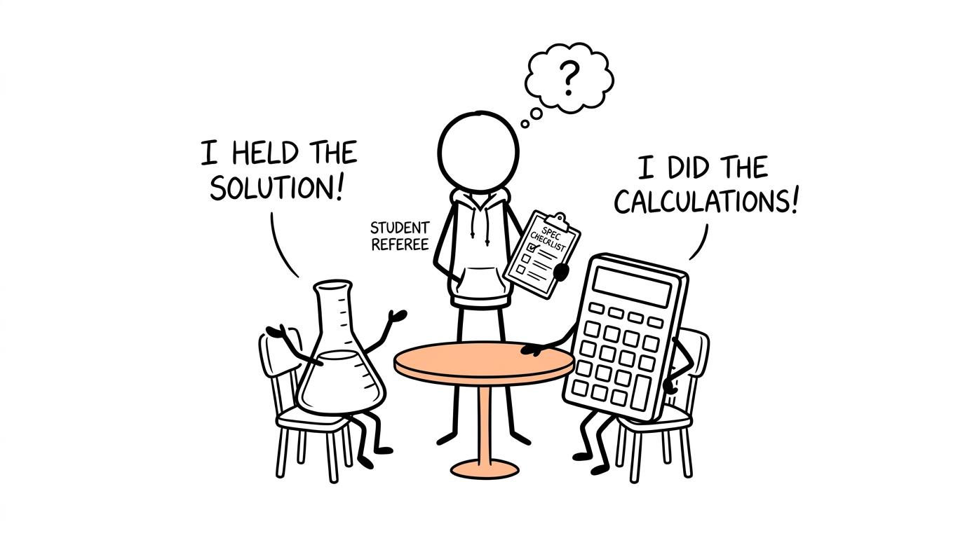 A beaker and calculator debate who worked harder in the exam