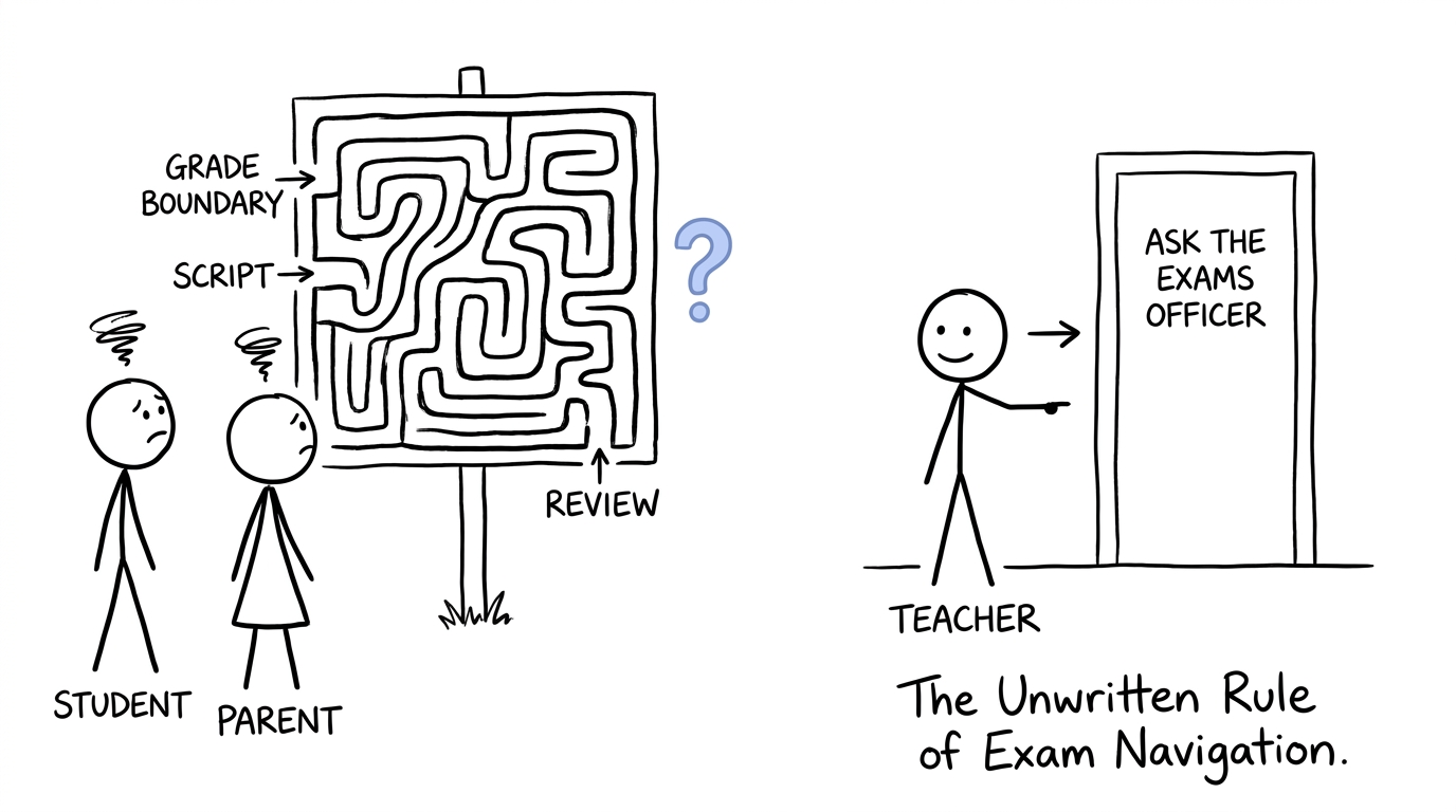 A student and parent navigating a results maze with help from an exams officer