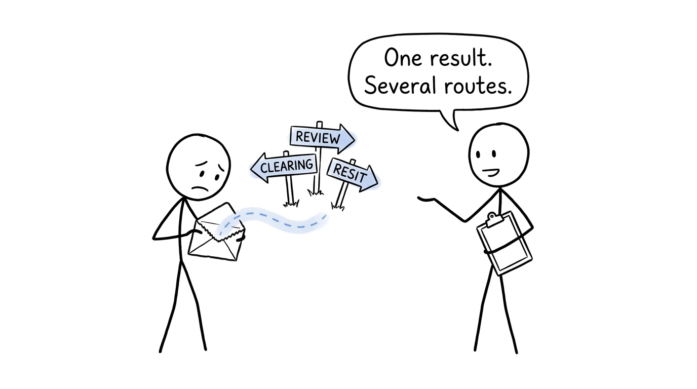 A student opens an exam result as review, Clearing and resit signposts appear