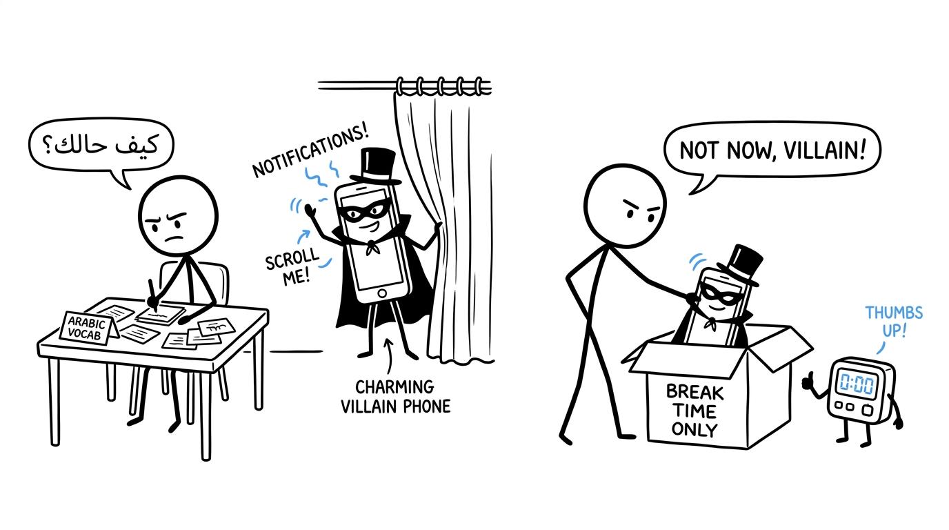 A distracting phone is placed in a break-time-only box while a student revises