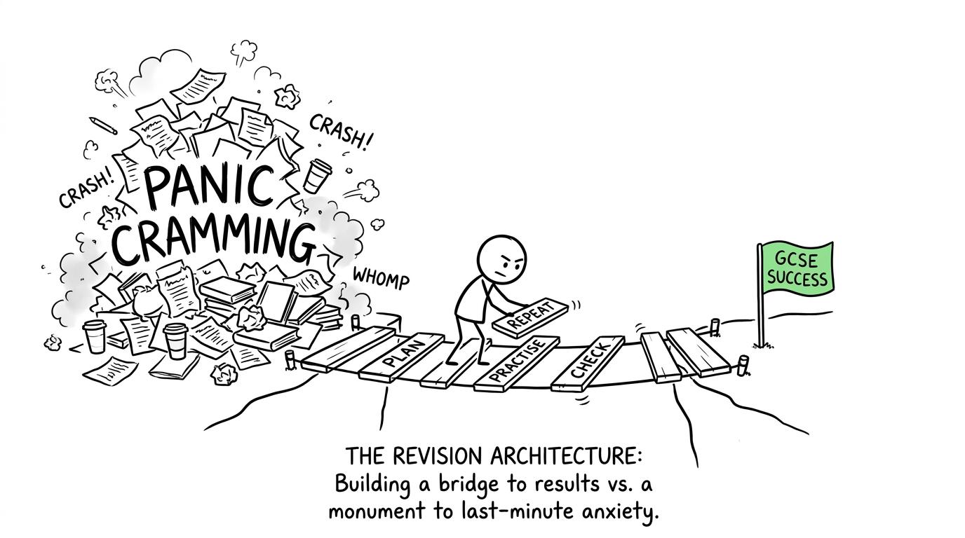 A student builds a steady revision bridge while panic cramming collapses in the background