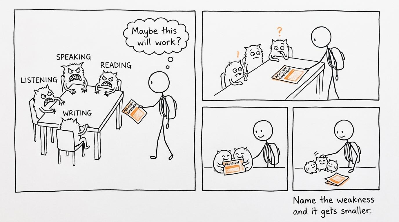 Four exam-skill monsters becoming manageable after receiving a revision timetable