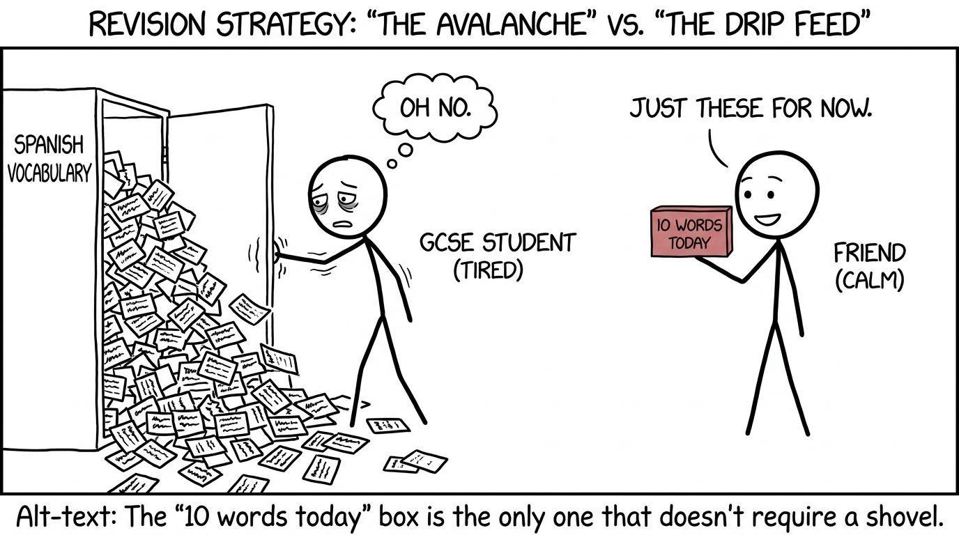 A cupboard full of vocabulary cards compared with a manageable daily revision box