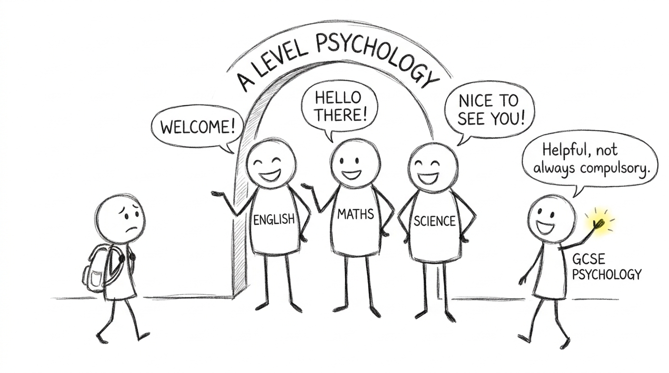 English, maths and science greeting a student at the A-level Psychology doorway