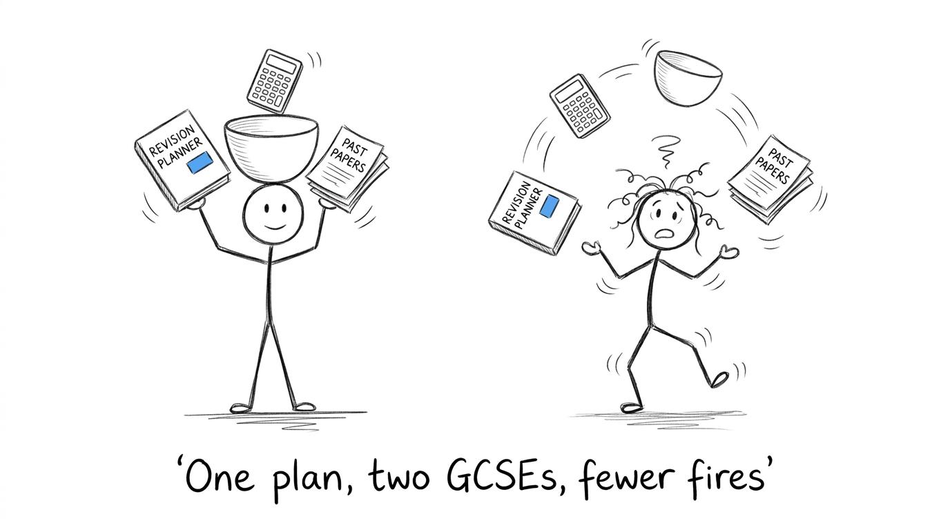 A calm student balancing a revision planner, calculator, mixing bowl and papers