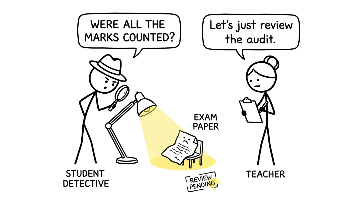 An exam paper being questioned by a student detective about whether every mark was counted