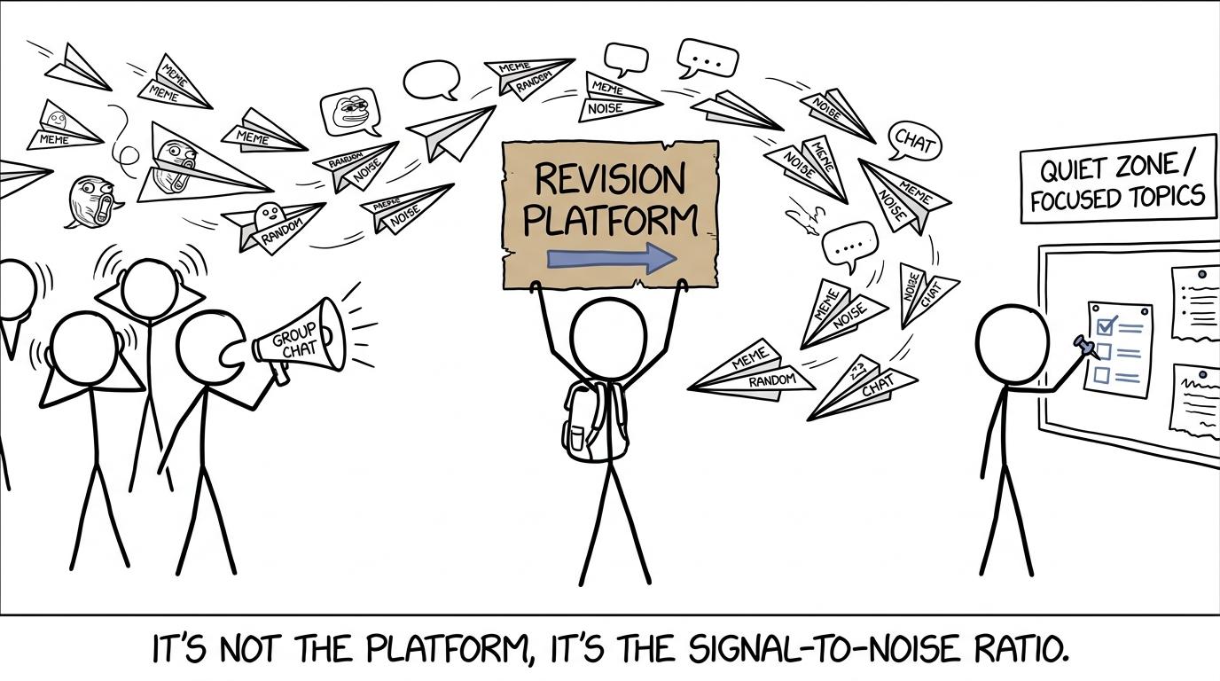 A revision platform trying to survive a storm of group-chat memes