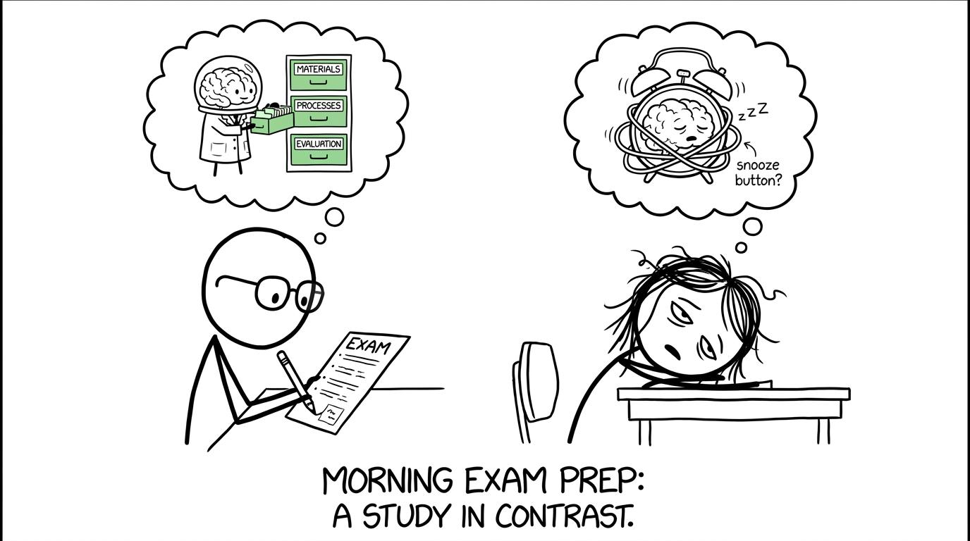 Two brain characters prepare very differently for a morning exam