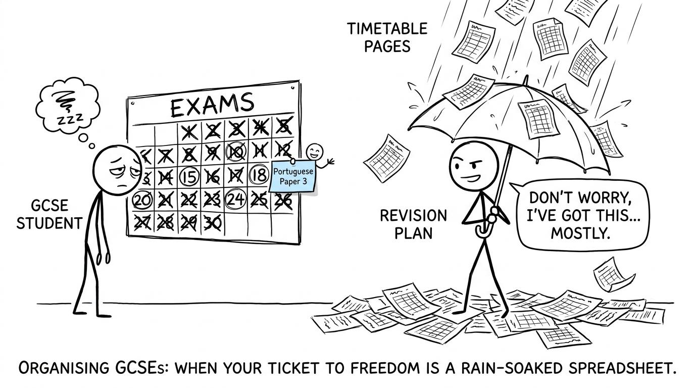 A student sheltering beneath a revision plan while timetable pages fall around them