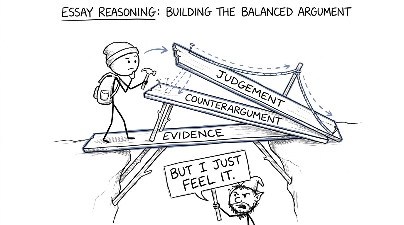 A student builds a bridge from evidence, counterargument and judgement while unsupported opinion waits underneath