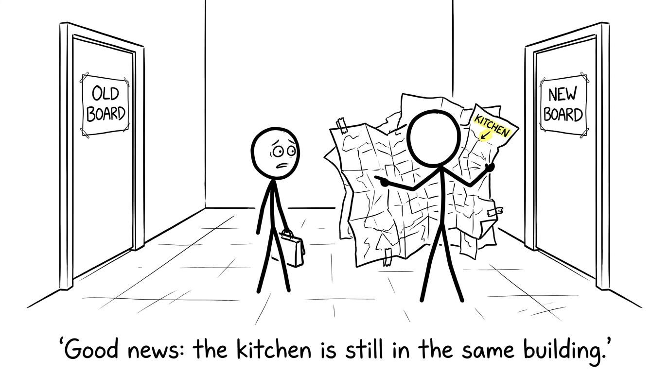 Student facing old and new exam-board doors while a teacher unfolds a specification map