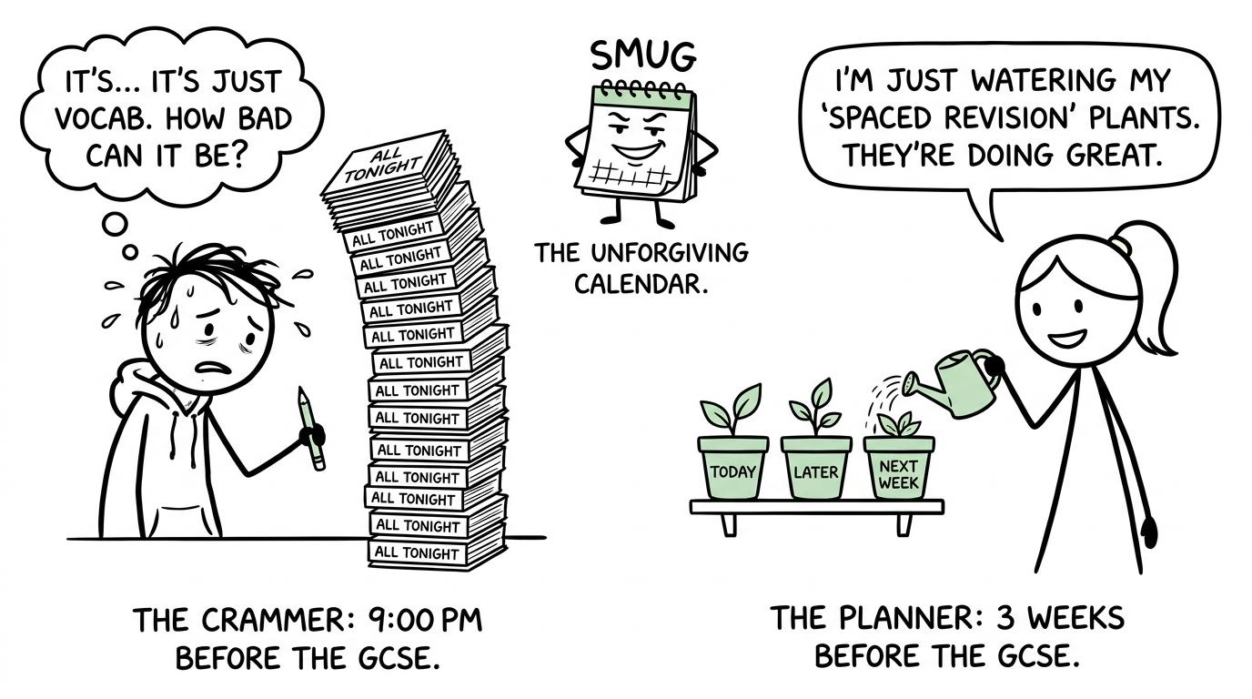 A student compares a tower of cramming cards with small pots of spaced revision