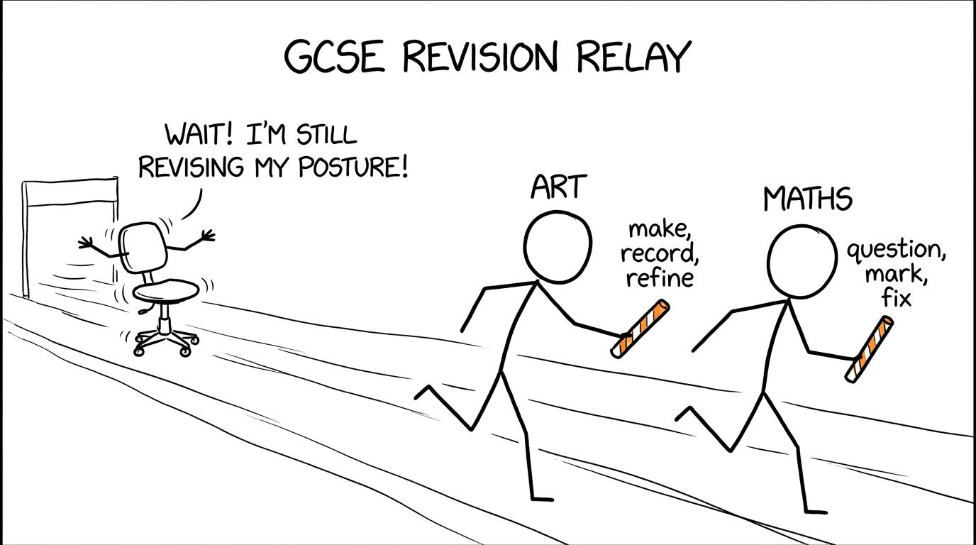 Art and maths pass revision batons in a relay while a desk chair struggles to keep up