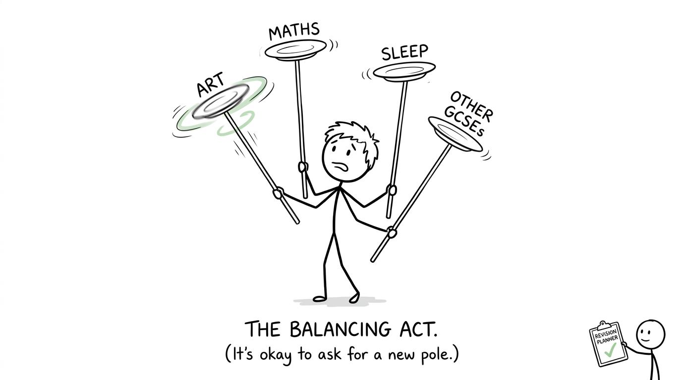 A student balances Art, maths, sleep and other GCSE subjects with help from a revision planner