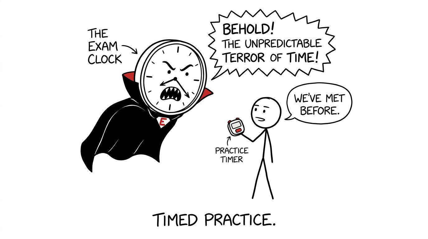 A student calmly recognises the exam clock from timed practice