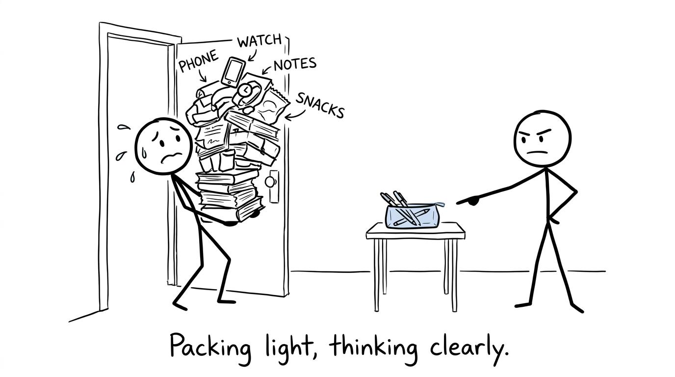 A student discovers that two black pens beat a mountain of exam-day clutter