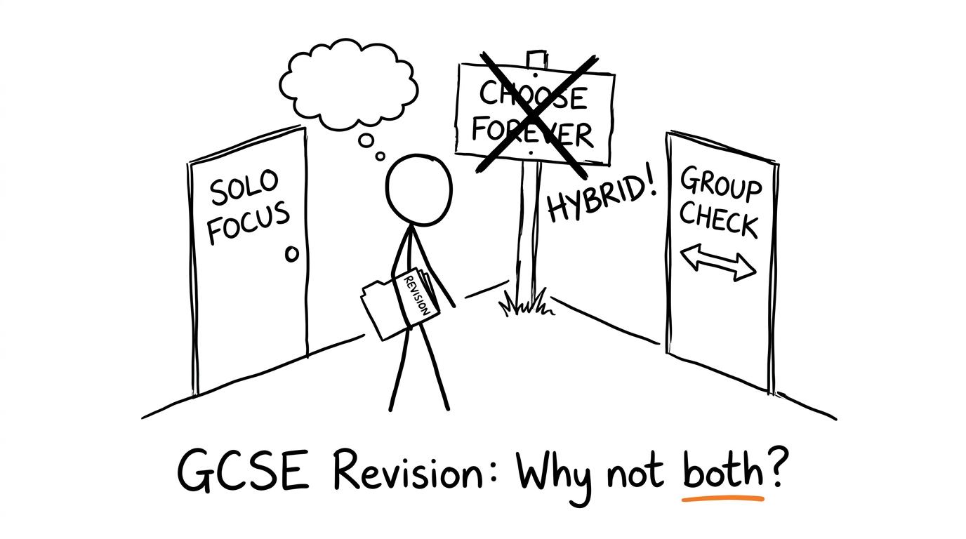 A student switches calmly between solo focus and group checking instead of choosing forever