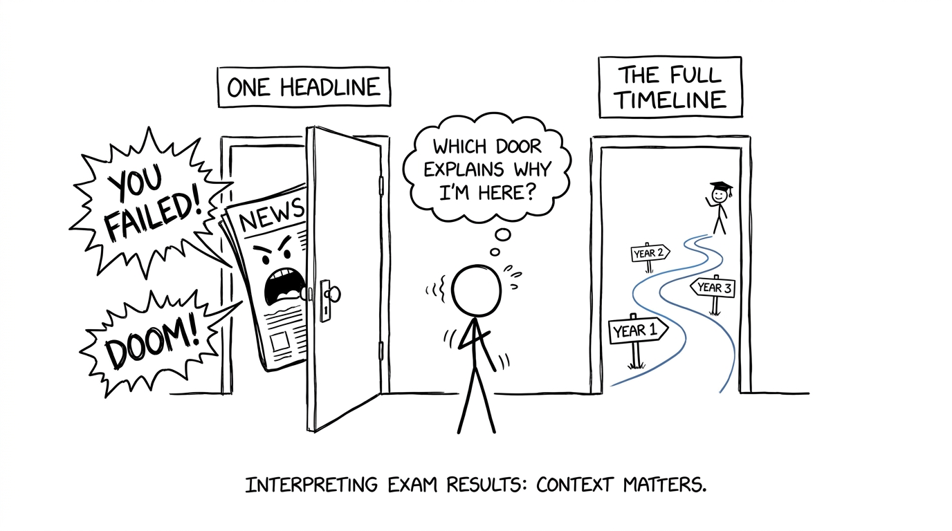 A student choosing between a dramatic headline and the full results timeline