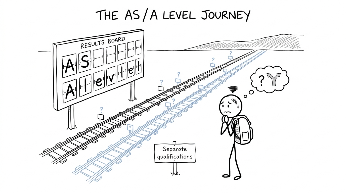 Two railway tracks show AS and A Level as separate qualifications