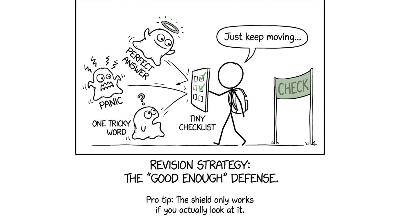 A calm student using a checklist as a shield against panic and perfectionism