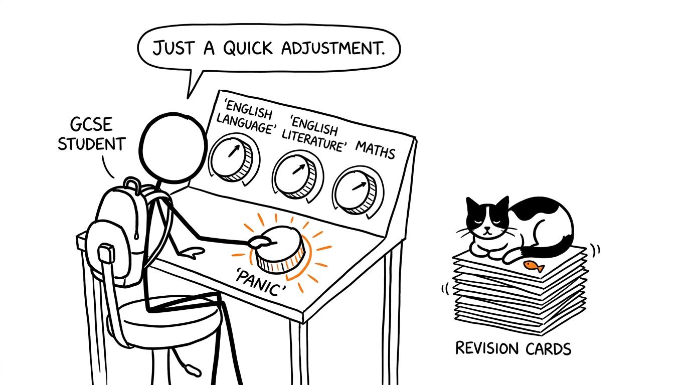 A student calmly controlling English and maths revision while turning down panic