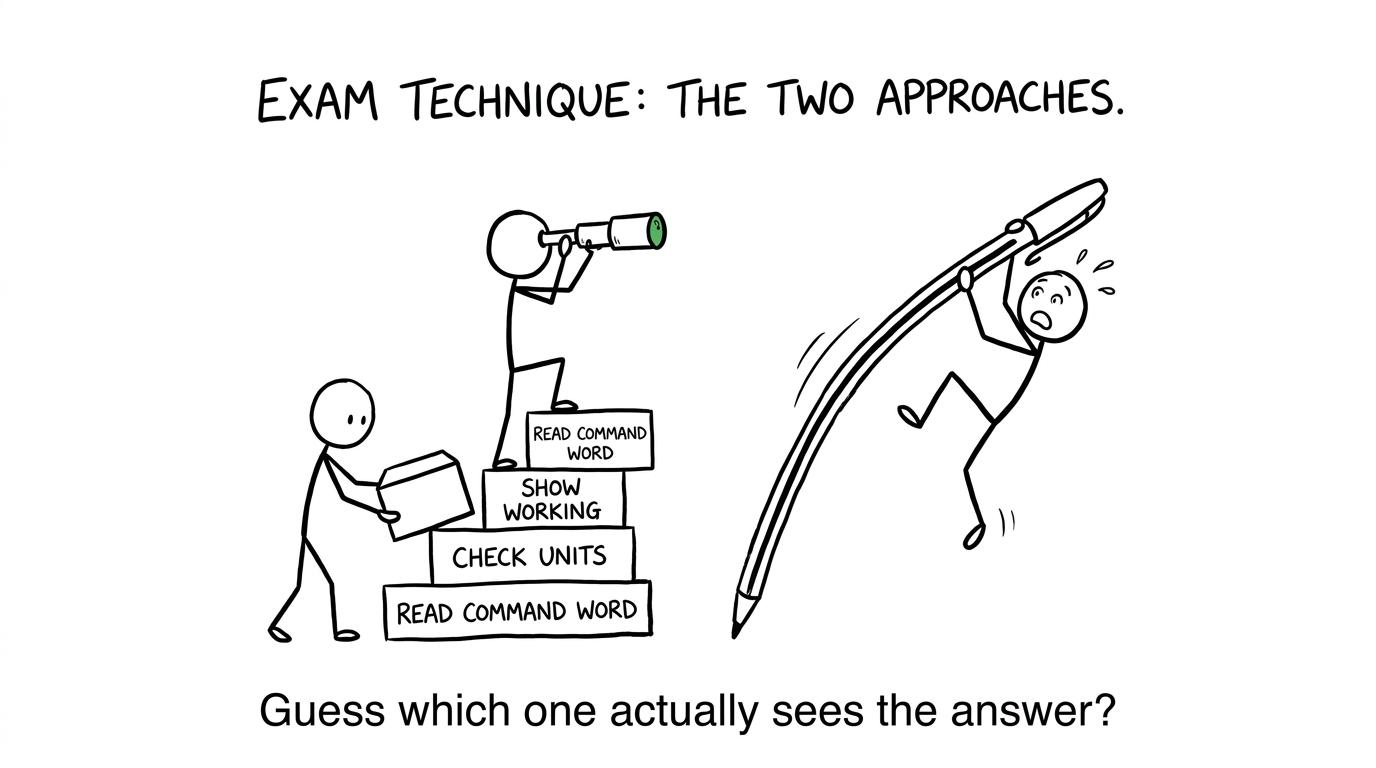 A student climbs exam-technique steps while another attempts an unwise shortcut