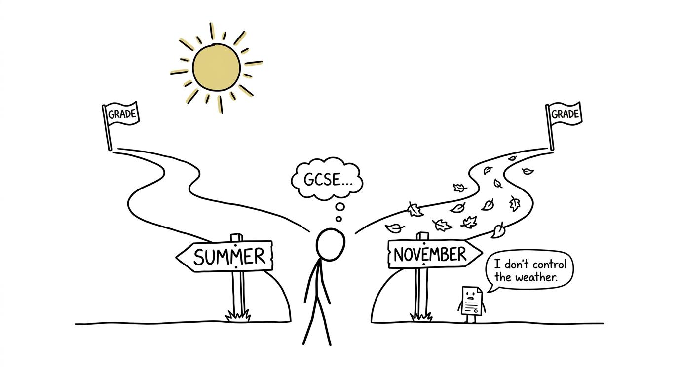A student discovers that summer and November lead towards the same grade standard